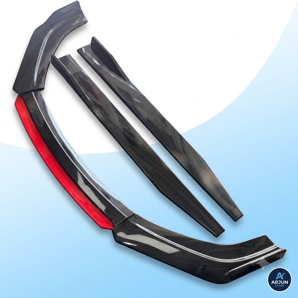 Universal 6 Pc Front Splitters and Side Skirts | Gloss Black with Red Lip view 2