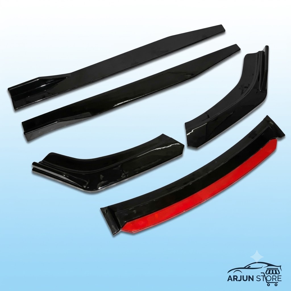 Universal 6 Pc Front Splitters and Side Skirts | Gloss Black with Red Lip view 3